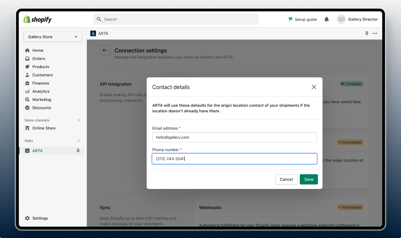 Arta on Shopify - Connection Settings configure contact details