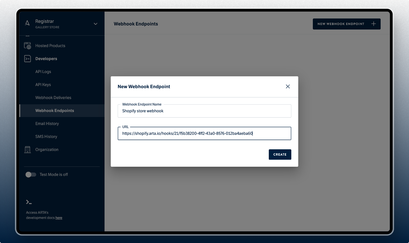 Arta Dashboard - Webhook endpoints modal form