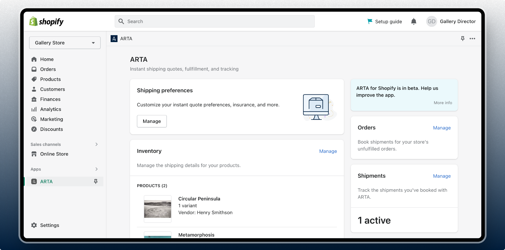 Arta app on Shopify - home active shipments