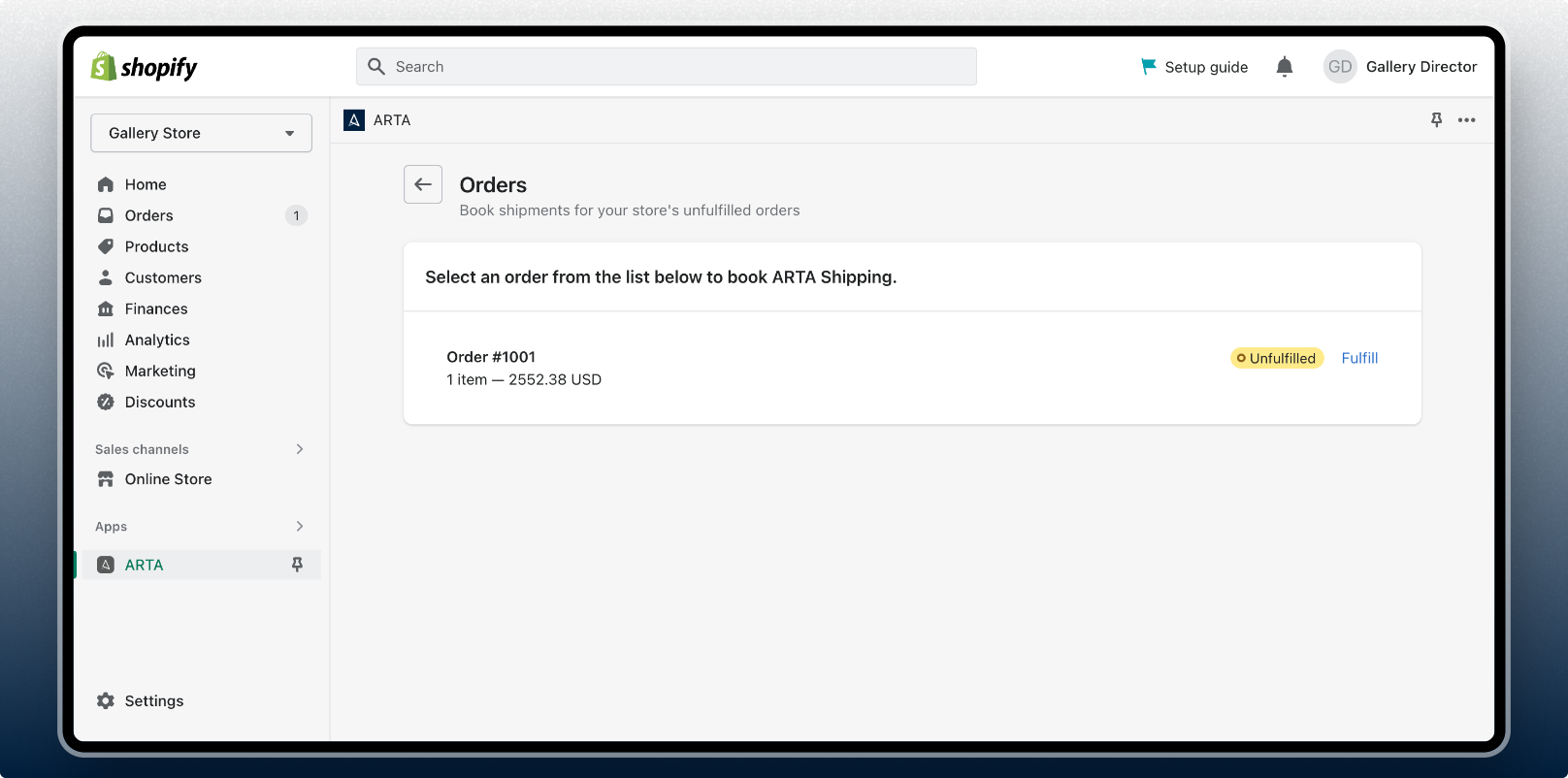 Arta app on Shopify - orders list