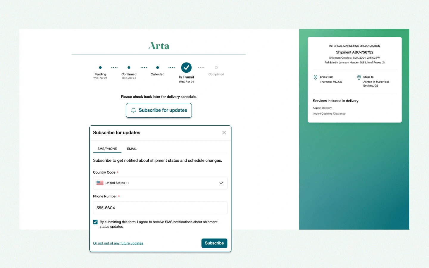 Guest Subscriptions for SMS and Email on Arta Tracking