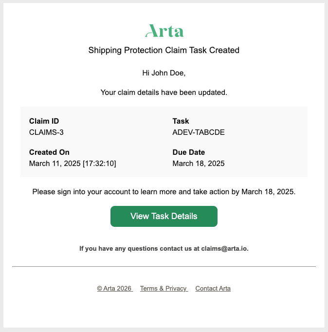 Shipping Protection Claim Task Created